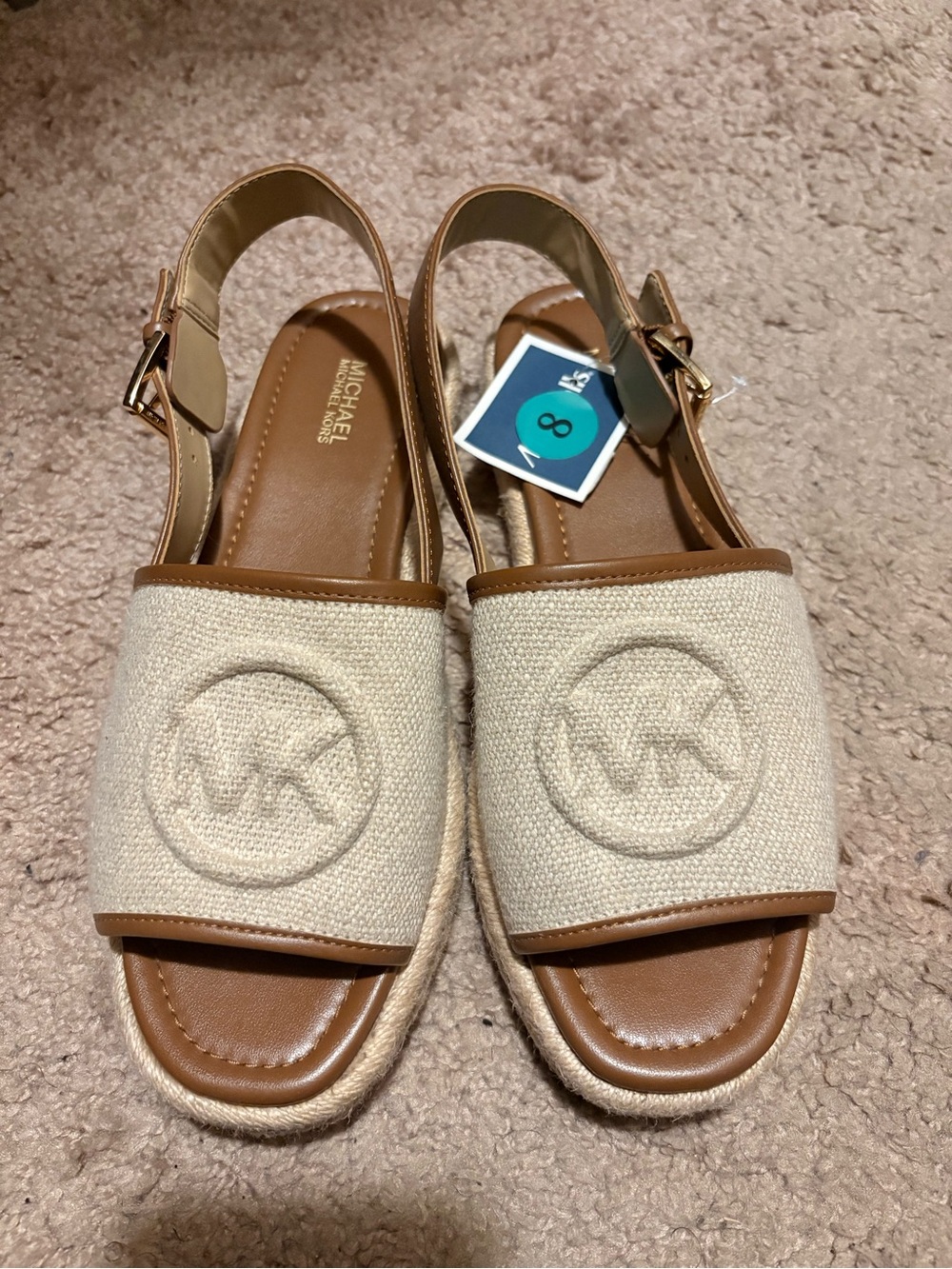 Michael Kors Natural Canvas MK Logo Slingback Sandals with Tan Trim